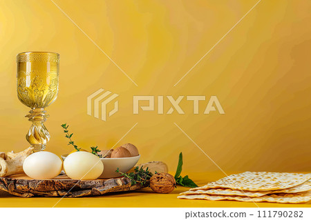 AI-generated content. Matzoh bread, walnuts, and seder. Jewish Passover holiday concept. Greeting Card, Copy space 111790282