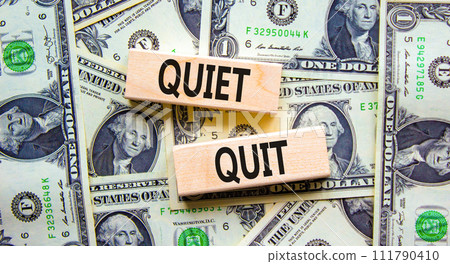 Quiet quit symbol. Concept words Quiet quit on wooden blocks. Beautiful background from dollar bills. Business and quiet quit concept. Copy space. 111790410