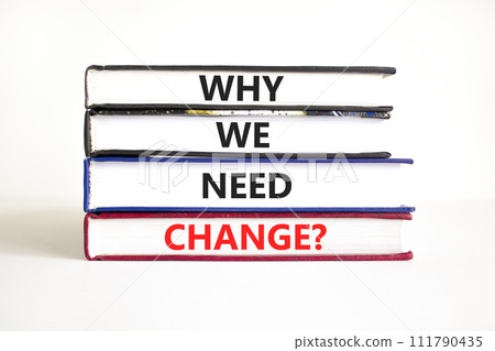 Why we need change symbol. Concept words Why we need change on beautiful books. Beautiful white table white background. Business and why we need change concept. Copy space. 111790435