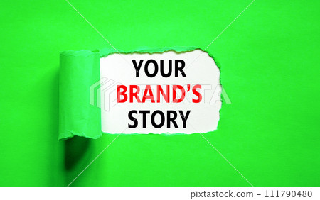 Branding and your brand story symbol. Concept words Your brands story on beautiful white paper. Beautiful green paper background. Business branding your brand story concept. Copy space. 111790480