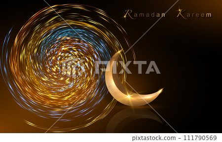 Ramadan Kareem banner, 3D gold crescent moon, holiday greeting traditional islamic. Arabic design for product showcase, presentation, cosmetic, base, ramadan sales, spiral lights colorful background 111790569