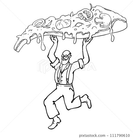 A mature elderly man carries a piece of pizza. For printing logos and designing menus and signs for restaurants and pizzerias. Pizzeria characters with humor.Sliced piece of pizza with dripping cheese A mature elderly man carries a piece of pizza. For printing logos and designing menus and signs for restaurants and pizzerias. Pizzeria characters with humor.Sliced piece of pizza with dripping cheese 111790610