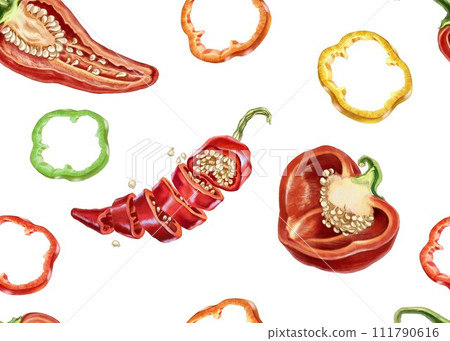 Cut hot and bell peppers into rings and slices. Seamless pattern for printing on fabric and paper for restaurants and kitchens. Juicy pieces of hot and sweet fresh pepper. Inside view with seeds. Cut hot and bell peppers into rings and slices. Seamless pattern for printing on fabric and paper for restaurants and kitchens. Juicy pieces of hot and sweet fresh pepper. Inside view with seeds. 111790616