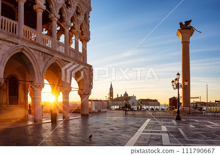 Beautiful sunrise view of Doge's Palace (Palazzo Ducale), Lion of Saint Mark and piazza San Marco in Venice, Italy. Beautiful sunrise view of Doge's Palace (Palazzo Ducale), Lion of Saint Mark and piazza San Marco in Venice, Italy. 111790667