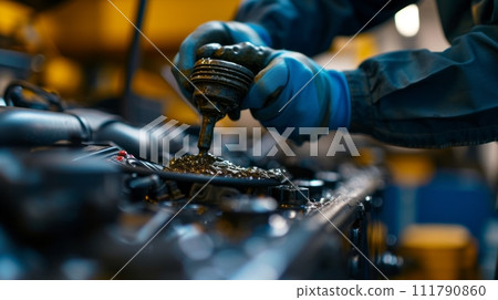 AI-generated content. Professional Auto Mechanic Performing Oil Change in Modern Workshop 111790860