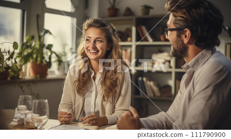 AI-generated content. a man and a woman are sitting at a table talking to each other AI-generated content. a man and a woman are sitting at a table talking to each other 111790900