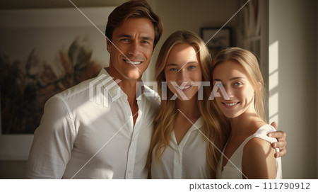 AI-generated content. a man and two girls are posing for a picture in a living room 111790912