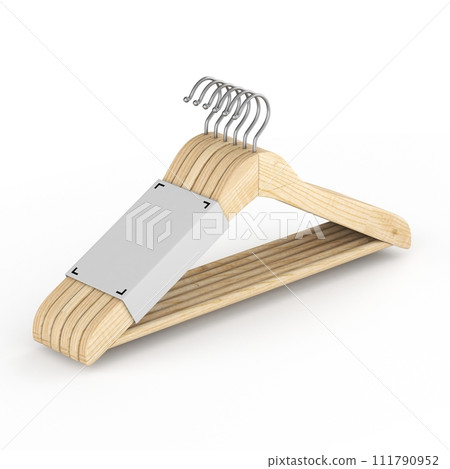 Pack of wooden coat hanger with blank label 3D 111790952