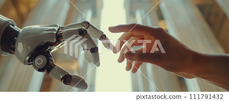 Unlocking Potential Through AI An AI interface connecting human and robotic hands symbolizing the unlocking of new opportunities and skills through technology Bright hopeful atmosphere 111791432