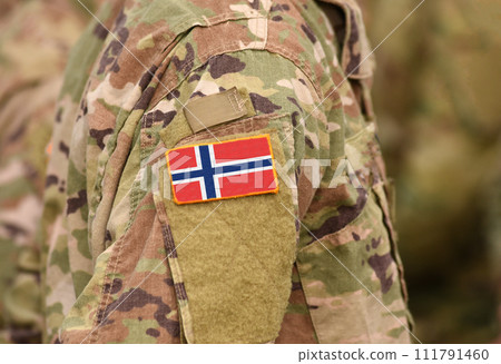 Norway flag on soldiers arm (collage). Norway flag on soldiers arm (collage). 111791460