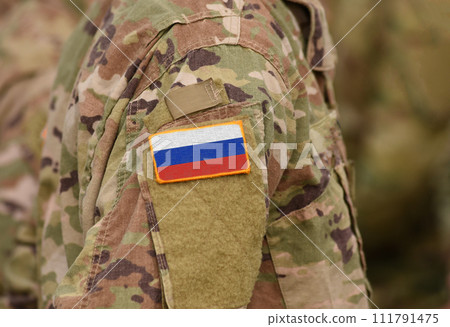 Flag of Russia on soldiers arm (collage). Flag of Russia on soldiers arm (collage). 111791475