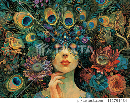 Art Nouveau elegance Woman adorned with peacock feathers surrounded by intricate floral patterns 111791484