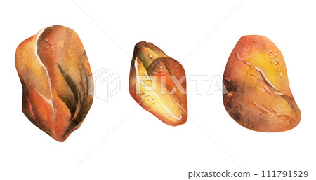 Hand drawn watercolor illustration precious semiprecious jewel gem crystal chakra birth stone. Amber agate sunstone. Set of objects isolated on white background. Design print, shop, jewelry, fashion 111791529