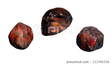 Hand drawn watercolor illustration precious semiprecious jewel gem crystal chakra birth stone. Garnet ruby agate. Set of objects isolated on white background. Design print, shop, jewelry, fashion 111791530