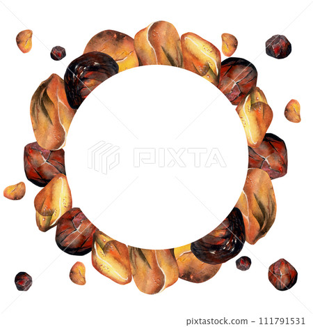 Hand drawn watercolor illustration precious semiprecious jewel gem crystal chakra birth stone. Amber garnet sunstone. Wreath frame isolated on white background. Design print, shop, jewelry, fashion 111791531