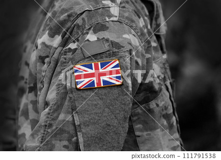 Flag of United Kingdom on soldiers arm. Flag of UK on military uniforms (collage). Flag of United Kingdom on soldiers arm. Flag of UK on military uniforms (collage). 111791538