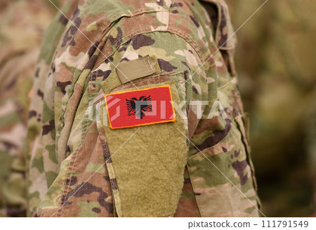 Albania flag on soldiers arm (collage). 111791549