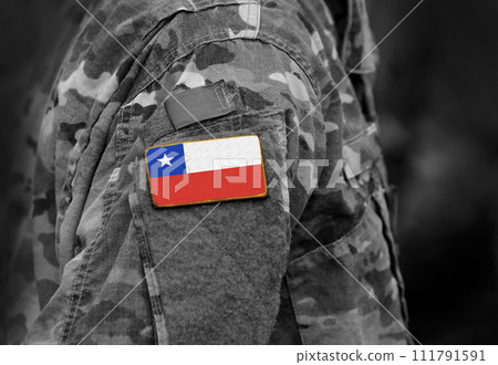 Flag of Chile on soldiers arm. Flag of Chile on military uniforms (collage). Flag of Chile on soldiers arm. Flag of Chile on military uniforms (collage). 111791591