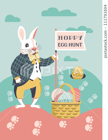Hoppy Egg Hunt fancy Easter game vector poster Hoppy Egg Hunt fancy Easter game vector poster 111791604