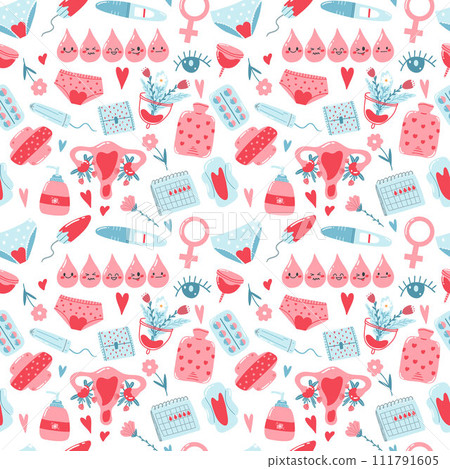 Hand drawn seamless pattern with menstrual period items as underwear, pads, tampons, blood drops. Colorful wallpaper in cartoon style. Hand drawn seamless pattern with menstrual period items as underwear, pads, tampons, blood drops. Colorful wallpaper in cartoon style. 111791605
