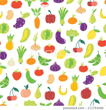 Hand drawn seamless pattern with cute fruits and veggies on white background. Colorful wallpaper for print, wrapping paper, textile Hand drawn seamless pattern with cute fruits and veggies on white background. Colorful wallpaper for print, wrapping paper, textile 111791606