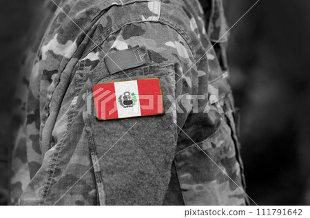 Flag of Peru on soldiers arm. Flag of Peru on military uniforms (collage). Flag of Peru on soldiers arm. Flag of Peru on military uniforms (collage). 111791642