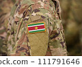 Flag of Suriname on soldiers arm (collage). 111791646