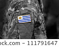 Flag of Uruguay on soldiers arm. Flag of Uruguay on military uniforms (collage). 111791647