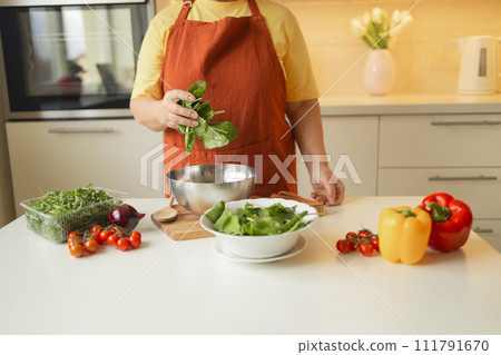 Senior 60s blond smiling woman holding a knife and fresh spinach whole preparing a bowl of healthy diet salad in her rustic eco kitchen Senior 60s blond smiling woman holding a knife and fresh spinach whole preparing a bowl of healthy diet salad in her rustic eco kitchen 111791670