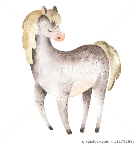 Farm animal horse. Watercolor illustration of a cartoon steed. Children's livestock poster. Drawing of a mare silhouette on a white isolated background. Farm animal horse. Watercolor illustration of a cartoon steed. Children's livestock poster. Drawing of a mare silhouette on a white isolated background. 111791685