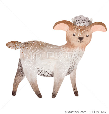Farm animals watercolor lamb. Watercolor illustration of a cartoon sheep. Cute farm animal isolated on white background. Baby nursery poster design nursery. Farmyard personage. Farm animals watercolor lamb. Watercolor illustration of a cartoon sheep. Cute farm animal isolated on white background. Baby nursery poster design nursery. Farmyard personage. 111791687