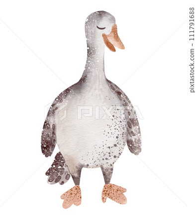 Poultry goose. Watercolor illustration of a bird isolated on a white background. Farm animal silhouette hand drawn. Waterfowl card child character for Easter. 111791688
