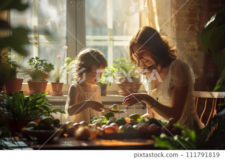 AI-generated content. Portrait of little girl painting Easter eggs at home with mom while making preparations for holiday 111791819