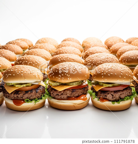 Many identical delicious cheeseburgers, hamburgers, burgers, sandwiches next to each other on white, food background 111791878