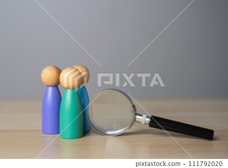Group of people and magnifying glass, figures. Recruiting, staffing. Hiring best talented professional candidate for a vacant job position. Employment agency. Human resources. Headhunter. Group of people and magnifying glass, figures. Recruiting, staffing. Hiring best talented professional candidate for a vacant job position. Employment agency. Human resources. Headhunter. 111792020