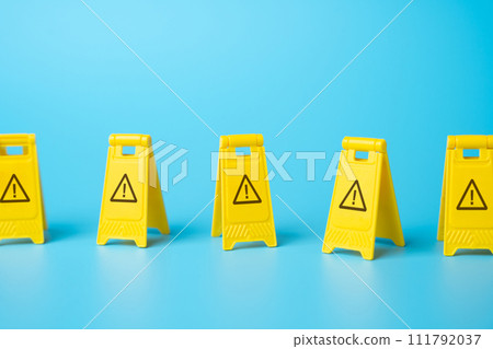 Yellow warning signs. Be careful. Find an alternative path. An insurmountable obstacle. Approach to a difficult challenge. Putting a halt to certain decisions. Restrictions. Sanctions and freezing. Yellow warning signs. Be careful. Find an alternative path. An insurmountable obstacle. Approach to a difficult challenge. Putting a halt to certain decisions. Restrictions. Sanctions and freezing. 111792037