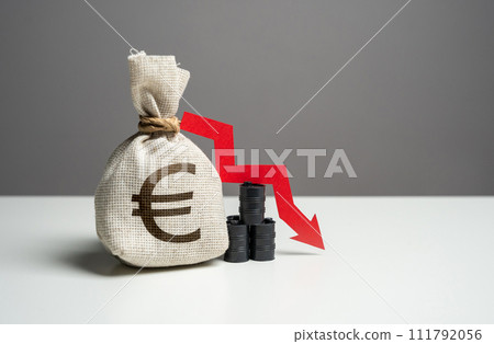 Oil barrels and euro money bag and red arrow down. Falling profit from the sale of energy resources and petroleum products. Trade and fall of oil transportation. Negative prognosis 111792056