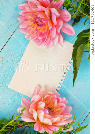 summer background. light pink dahlias on a wooden blue background, summer background. light pink dahlias on a wooden blue background, 111792402