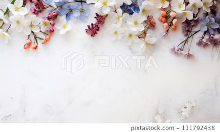 Floral arrangement on white background. Spring flowers on white grunge background Floral arrangement on white background. Spring flowers on white grunge background 111792438