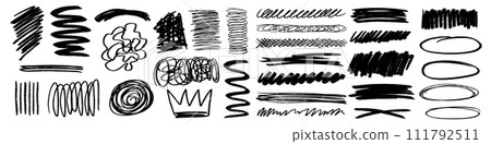 Bold charcoal freehand squiggles, crazy ink hatches, crown, emphasis and grunge strikethrough. Crayon or marker scrawls, smudges and pencil scribbles, rough underlines. Vector doodle childish drawing Bold charcoal freehand squiggles, crazy ink hatches, crown, emphasis and grunge strikethrough. Crayon or marker scrawls, smudges and pencil scribbles, rough underlines. Vector doodle childish drawing 111792511