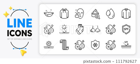 No sun, Healthy face and Socks line icons set for app include Bra, Spf protection, Hoody outline thin icon. Uv protection, Clean skin, Oil drop pictogram icon. Vitamin h1, Shirt. Vector 111792627