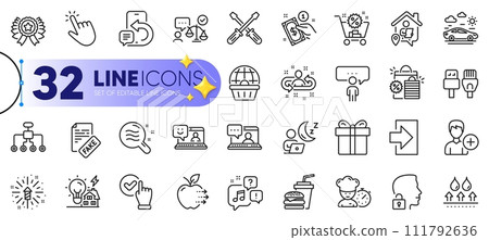 Outline set of Smile, Lawyer and Checkbox line icons for web with Gift box, Computer cables, Payment method thin icon. Phone message, Shift, Chef pictogram icon. Work home, Add person. Vector Outline set of Smile, Lawyer and Checkbox line icons for web with Gift box, Computer cables, Payment method thin icon. Phone message, Shift, Chef pictogram icon. Work home, Add person. Vector 111792636