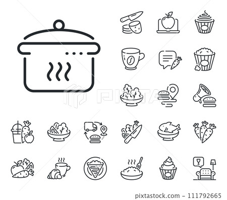 Cooking sign. Crepe, sweet popcorn and salad outline icons. Boiling pan line icon. Food preparation symbol. Boiling pan line sign. Pasta spaghetti, fresh juice icon. Supply chain. Vector 111792665