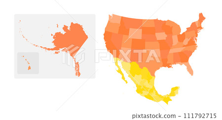 Political map of United States and Mexico with administrative divisions. Colorful map with countries and states name labels. Vector illustration 111792715