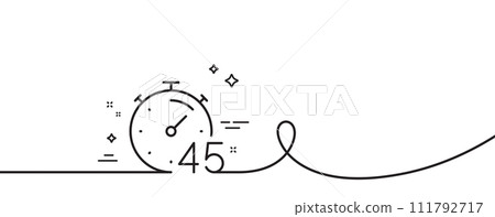 Timer 45 minutes line icon. Continuous one line with curl. Stopwatch time sign. Countdown clock symbol. Timer single outline ribbon. Loop curve pattern. Vector 111792717
