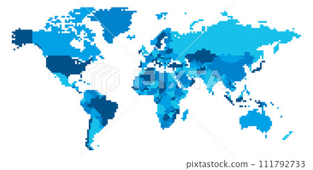 Pixelized Political World Map - pixel mosaic of squares. Four color scheme in blue. Vector illustration Pixelized Political World Map - pixel mosaic of squares. Four color scheme in blue. Vector illustration 111792733