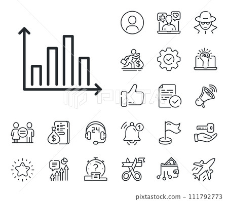 Column chart sign. Salaryman, gender equality and alert bell outline icons. Diagram graph line icon. Market analytics symbol. Diagram graph line sign. Spy or profile placeholder icon. Vector 111792773