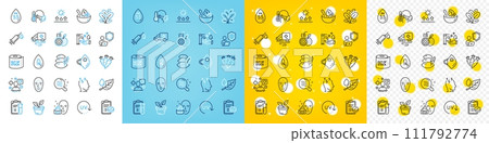 Vector icons set of Patient, Medical syringe and Uv protection line icons pack for web with No alcohol, Leaf dew, Pillow outline icon. Washing hands, Sick man, Medical prescription pictogram. Vector 111792774