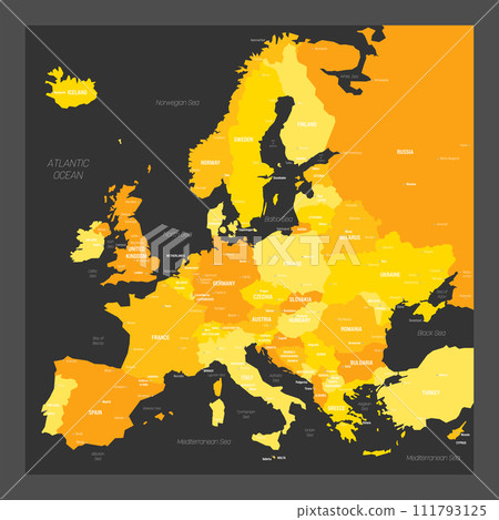 Political map of Europe. Blue colored vector map with capital and important cities of european countries and bodies of water around continent. 111793125