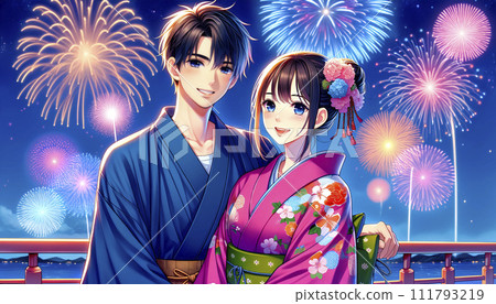 一對穿著浴衣的情侶抬頭看著煙火。日本夏季形象。人工智慧圖像。 111793219